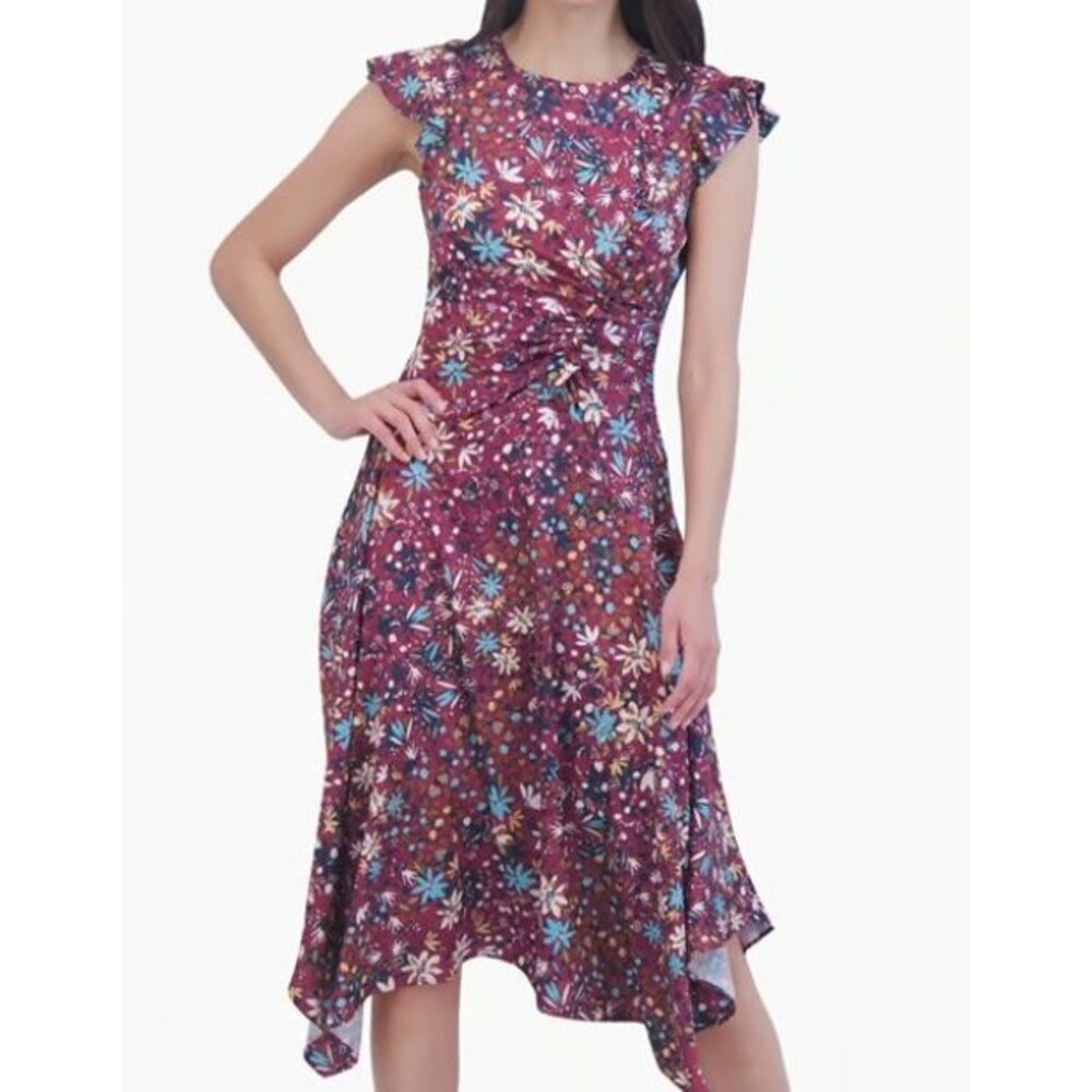 Vince Camuto Womens 6 Burgundy Floral Dress Handkerchief Hem Ruche Wedding Guest